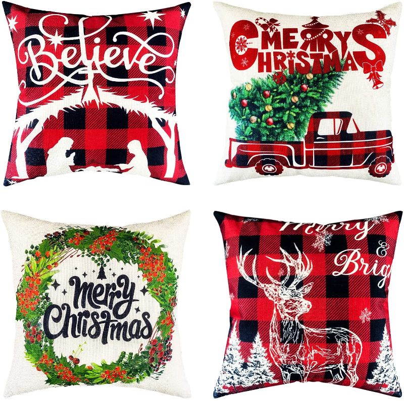 Photo 1 of BPQ Christmas Throw Pillow Covers 18x18 Set of 4, Red Buffalo Plaid Pillow Covers, Xmas Tree Deer Pillow Cases, Merry Christmas Home Decorations, Farmhouse Truck Pillow Covers for Sofa Couch
