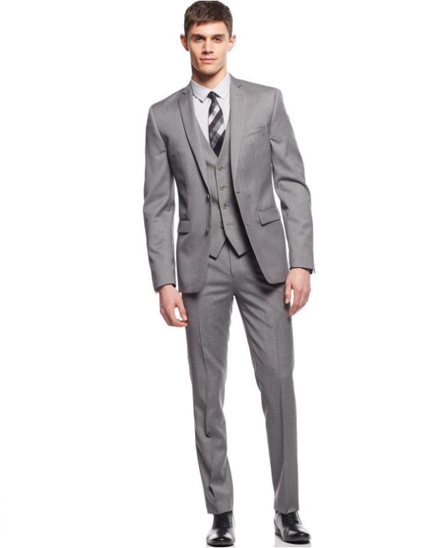 Photo 1 of MEN'S 5PCS SUIT SET JACKET-VEST-PANTS-TIE-HANKERCHIEF GREY SIZE 40 PANTS 3XL JACKET 3XL VEST PURPLE TIE