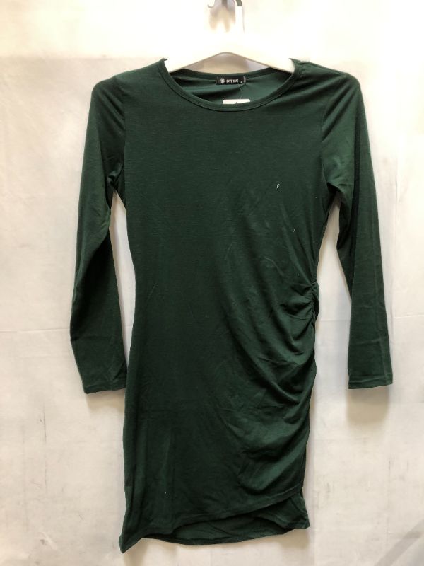 Photo 1 of WOMEN'S LONG SLEEVE COTTON EMERALD GREEN MIDI LENGTH DRESS BUNCHED SIDE MEDIUM