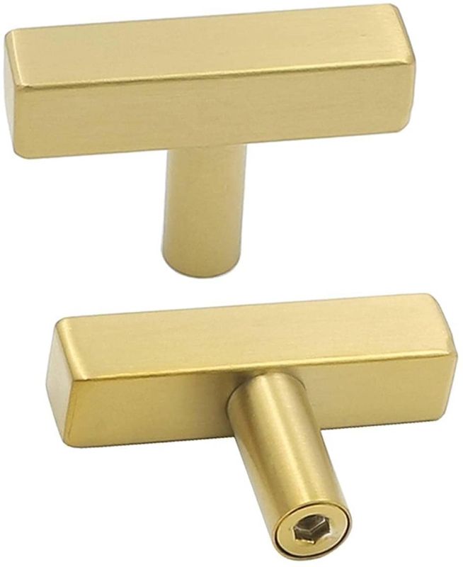 Photo 1 of 10 Pack | goldenwarm Brushed Brass Cabinet Knobs Dresser Knob Gold Kitchen Hardware - LS1212GD Stainless Steel Single Hole Square Knobs for Cabinets T Knobs 2 inch (50mm) Overall Length
