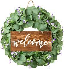 Photo 1 of CLIAWAL 15 Inch Christmas Welcome Wreath for Front Door, Farmhouse Welcome Sign with Artificial Eucalyptus Wreaths, Door Wreath for Home Wall Decoration
