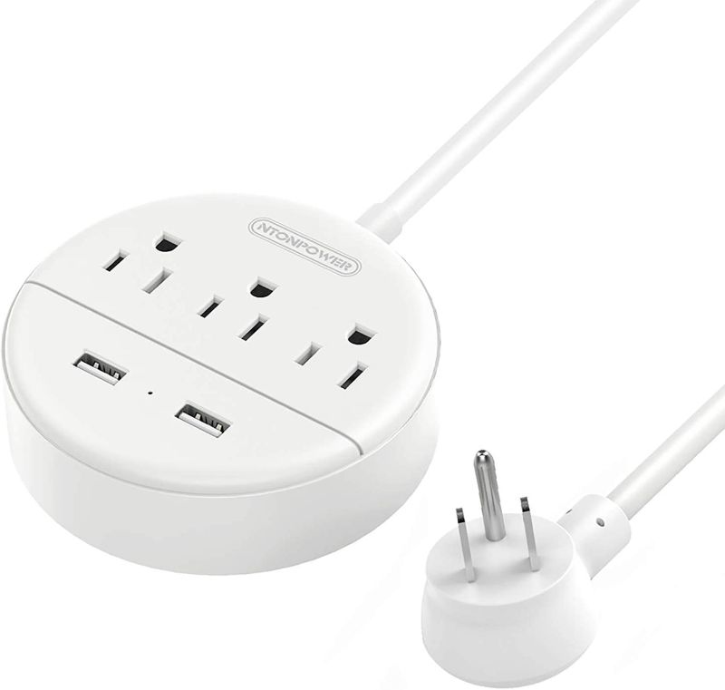 Photo 1 of Flat Plug Power Strip with USB Ports, NTONPOWER Nightstand Desktop Charging Station with 5ft Short Extension Cord, Wall Mount, Small Size for Dorm Room Nightstand Office, Travel, White
