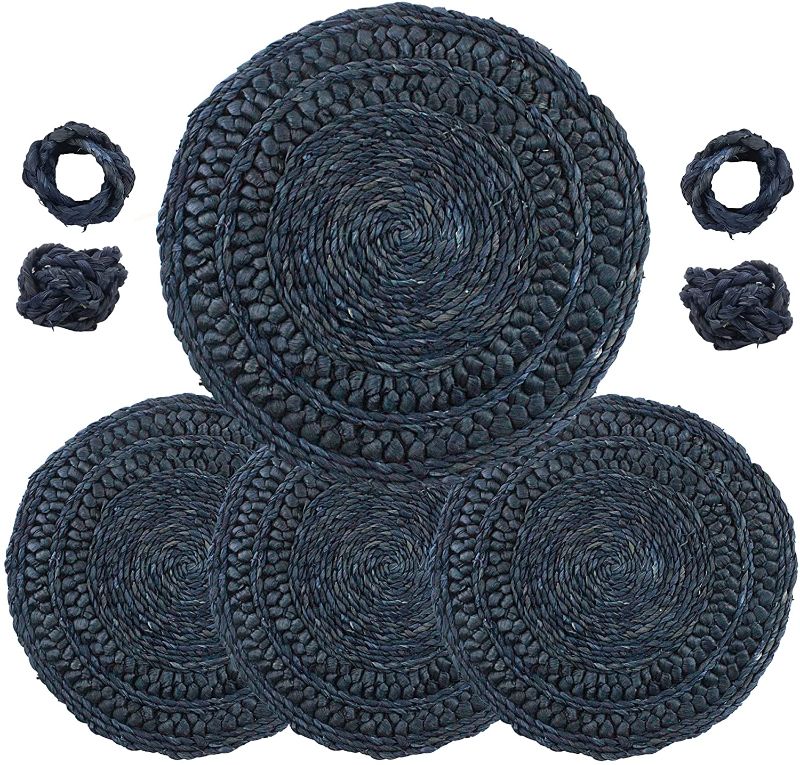 Photo 1 of ECOAURA 11.8" Handmade Woven Placemats – Natural Placemats Set of 4 + Napkin Rings - Braided Round Table Mat Set - Thick Heat-Resistant Placemat Set for Dining Table - Boho Placemats (Blue)
