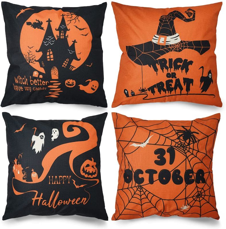 Photo 1 of  Set of 4 Halloween Pillow Covers 18×18 Inch, Linen Pillow Case for Sofa, Orange and Black Pillow Cover, Couch Halloween Throw Cushion Cover Decorations