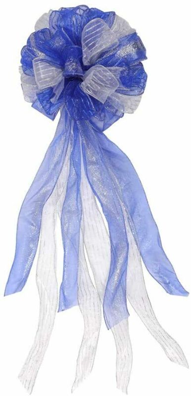 Photo 1 of  Christmas Tree Topper,27x12 Inches Large Toppers Bow with Streamer Wired Edge for Christmas Decoration Blue 