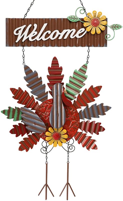 Photo 1 of  Thanksgiving Metal Turkey Hanging Door Sign Wall Decor Welcome Banner, Welcome Front Door Hanger Ornament Festive Whimsical for Halloween Christmas Thanksgiving Decoration