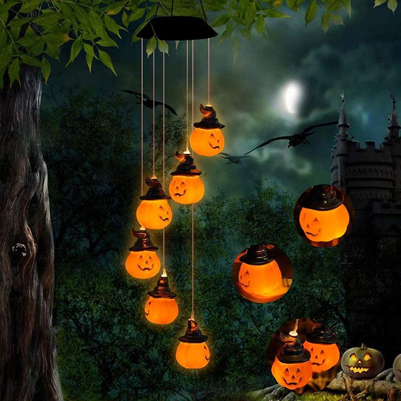 Photo 1 of 2 PACK BINWO Solar Halloween Pumpkin Decorative Lights Solar Wind Chimes with 6 LED Pumpkin Lights, Waterproof Holiday Lights for Indoor/Outdoor Decor, Halloween, Garden, Party