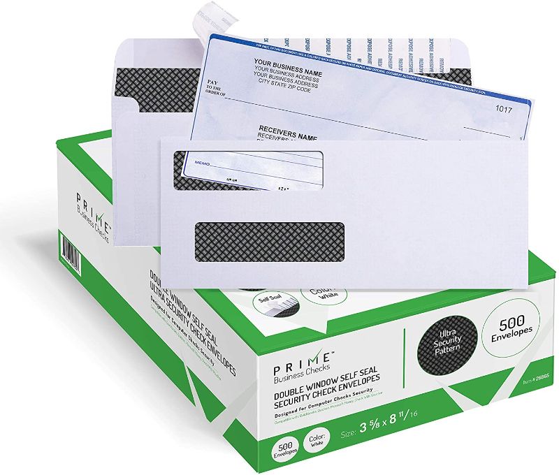 Photo 1 of 500 Self Seal QuickBooks Double Window Security Check Envelopes - for Business Laser Checks, Ultra Security Tinted, Self Adhesive Peel & Seal White, Size 3 5/8 x 8 11/16-24lb NOT for INVOICES