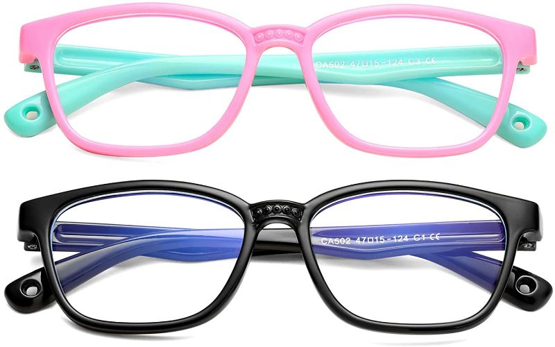 Photo 1 of AIEYEZO Kids Blue Light Blocking Glasses Silicone Flexible Square Eyeglasses Frame with Glasses Rope, for Children Age 3-10 PINK/BLUE/BLACK 