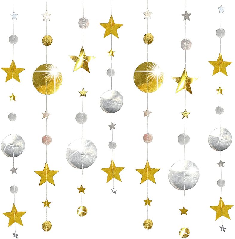 Photo 1 of 3 PACK 3 Pcs Gold and Silver Party Decoration Gold Circle Dot Garland Streamer Kit Twinkle Star Paper Hanging Bunting Glitter Reflective for Wedding Birthday New Year Festival Christmas Party Decoration