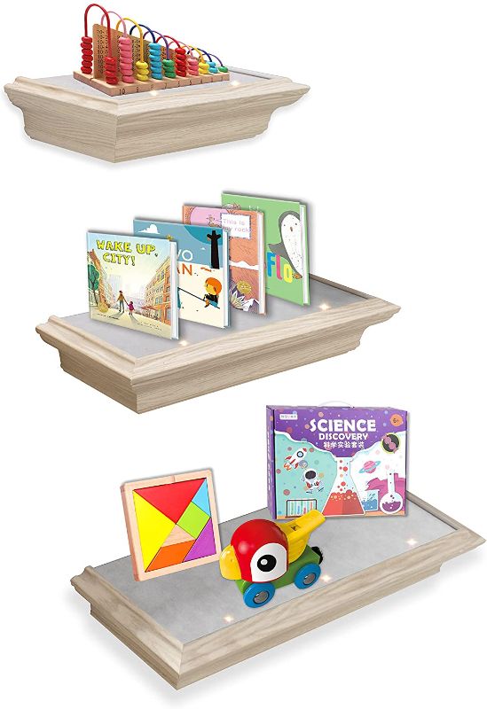 Photo 1 of Fibetter Nursery Floating Bookshelf Set of 3, Rustic Wood Wall Mounted Hanging Book Organizer Photo Display CD Racks with LED Light for Kids Bedroom Storage Home Decor Creamy White