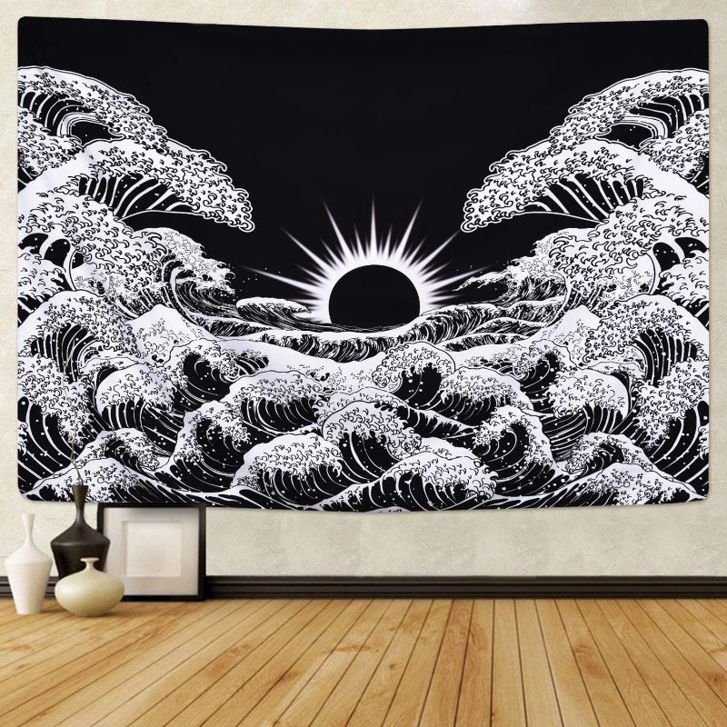 Photo 1 of Black and White Tapestry Kanagawa Great Wave Tapestry Sunset Ocean Wave Tapestary Wall Hanging, Bohemian Tapestries Hippie Tapestry Wall Blanket for Bedroom Living Room M/79" L X 59" W