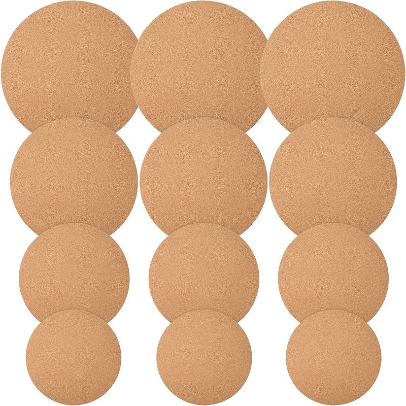 Photo 1 of 12 Pieces Cork Plant Coaster Cork Mat Round Absorbent Cork Bar Cork Mat Soft Table Cork Board for Kitchen Hot Pads, Pots, Pans, DIY Craft Supplies, 10 Inch/ 8 Inch/ 6 Inch/ 4 Inch