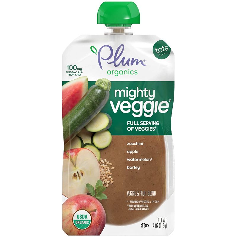 Photo 1 of Plum Organics Mighty Veggie Organic Toddler Food, Zucchini, Apple, Watermelon & Barley, 4oz Ounce Pouch, Pack of 12  EXP DATE 02-18-2022