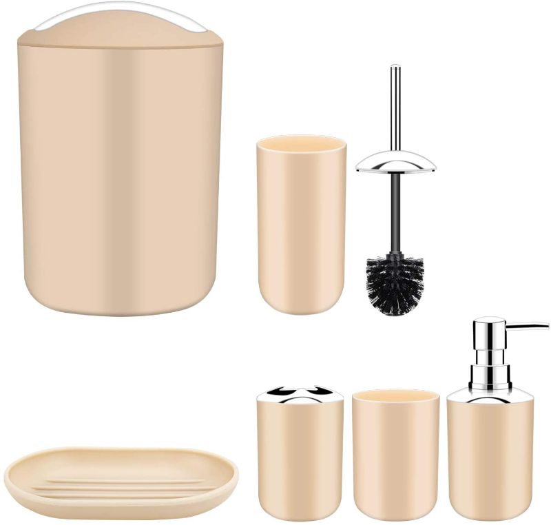 Photo 1 of Bathroom Accessory Set, 6 Pieces Plastic Bath Ensemble Set, Toothbrush Cup, Toothbrush Holder, Soap Dish, Soap Dispenser, Trash Can, Toilet Brush...