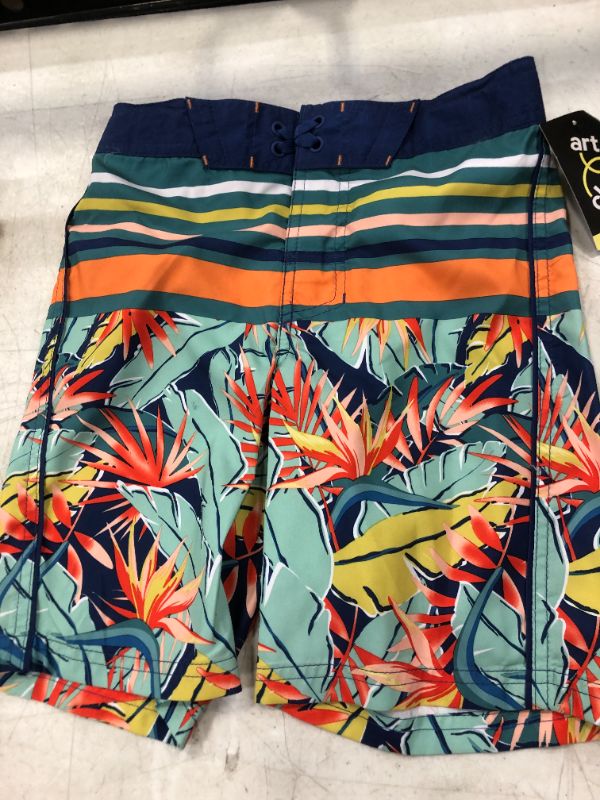 Photo 2 of Boys' Floral Striped Swim Trunks - art class 8, Green/Blue