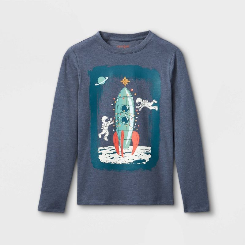 Photo 1 of Boys' Spaceship Tree Graphic Long Sleeve T-Shirt - Cat & Jack Blue XS(4-5) 2 PACK