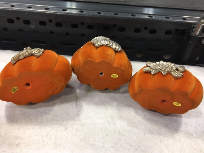 Photo 2 of 3 Pack Pumpkins Thanksgiving Tabletop Decorations, Velvet Pumpkin Figurine, Artificial Resin Pumpkins, Centerpieces for Autumn Fall Harvest Table Home Fireplace Mantle Living Room Decor  (small)