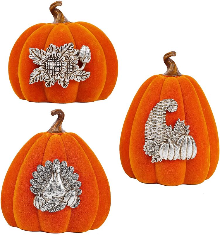 Photo 1 of 3 Pack Pumpkins Thanksgiving Tabletop Decorations, Velvet Pumpkin Figurine, Artificial Resin Pumpkins, Centerpieces for Autumn Fall Harvest Table Home Fireplace Mantle Living Room Decor  (small)