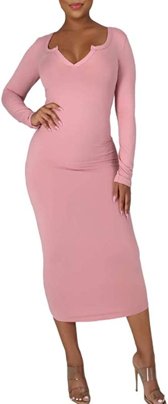 Photo 1 of jnneyuu Women's Casual Long Sleeve V Neck Midi Dress Stretch Slim and Solid Bodycon Sexy Long Dresses--Size L 