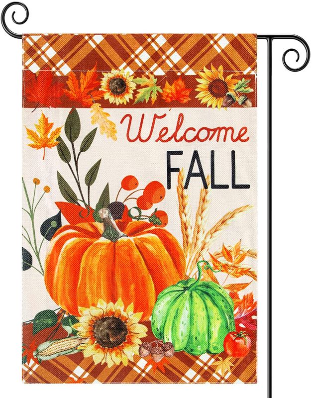 Photo 1 of 2 PK Fall Garden Flag, Vertical Double Sided Autumn Pumpkins Fall Flag Sunflowers Maple Leaves Harvest Thanksgiving Garden Flag for Farmhouse Yard Garden Porch Decor Thanksgiving Fall Outside Decorations 12 x 18 Inch
