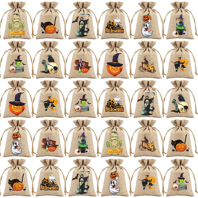 Photo 1 of 24 Pack Halloween Burlap Gift Bags Novelty Linen Jute Bags Goodies Candy Bags with Drawstring for Halloween Party Supplies