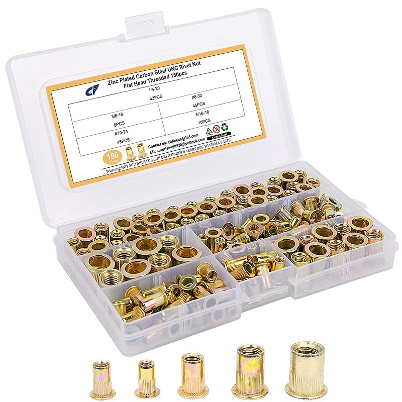 Photo 1 of 150pcs Rivet Nuts Assortment Kit, Rivet Nut Yellow Zinc Plated Carbon Steel Finish, 5/6"-18#8-32 3/8"-16#10-24 1/4"-20 Flat Head Threaded Insert Nutserts Assortment
