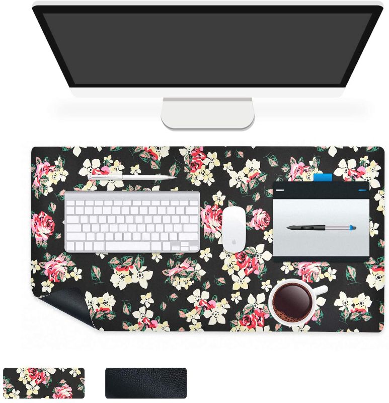 Photo 1 of Office Desk Pad Large L Size Computer Gaming Pad Non-Slip PU Leather Ergonomic Mouse Pad Water-Proof Office Dual Side Use Keyboard Pad for Men / Women (Black Peony Floral,23.6''x13.7'')