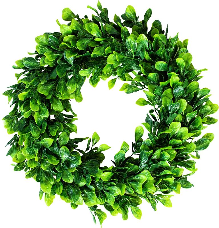 Photo 1 of 16.5" Artificial Boxwood Wreath Fake Green Leaves Small Greenery Wreath for Front Door Indoor Outdoor Home Wall Window Wedding Party Decor

