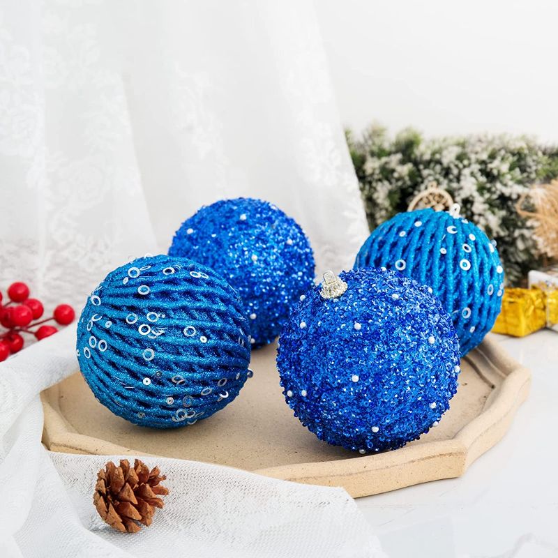 Photo 1 of 8pcs 3.94" Christmas Ball Ornaments Glitter Sequin Foam Ball Shatterproof Christmas Tree Decorations Xmas Hanging Balls Set for Wedding Party Holiday Decorations?Sapphire
