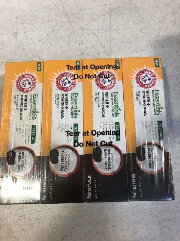 Photo 1 of Arm & Hammer Essentials FluorideFree Toothpaste Whiten + Activated Charcoal4 Pack of 4.3oz Tubes Clean 100 Natural Baking Soda, Mint, 17.2 Ounce ---- EXP 03/2022