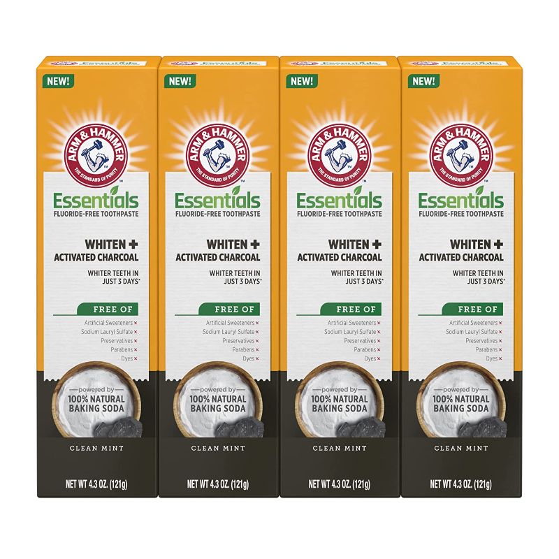 Photo 1 of Arm & Hammer Essentials FluorideFree Toothpaste Whiten + Activated Charcoal4 Pack of 4.3oz Tubes Clean 100 Natural Baking Soda, Mint, 17.2 Ounce ---- EXP 03/2022