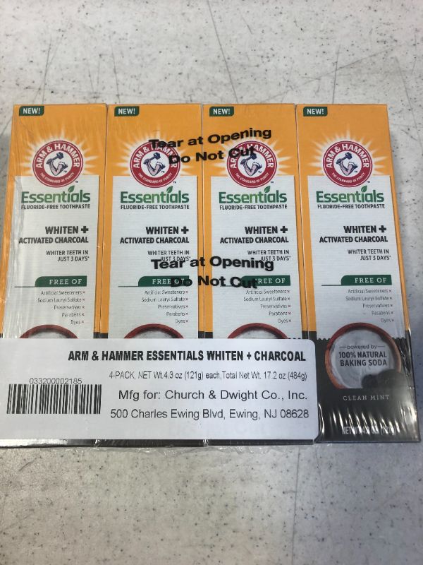 Photo 1 of Arm & Hammer Essentials FluorideFree Toothpaste Whiten + Activated Charcoal4 Pack of 4.3oz Tubes Clean 100 Natural Baking Soda, Mint, 17.2 Ounce ---- EXP 03/2022