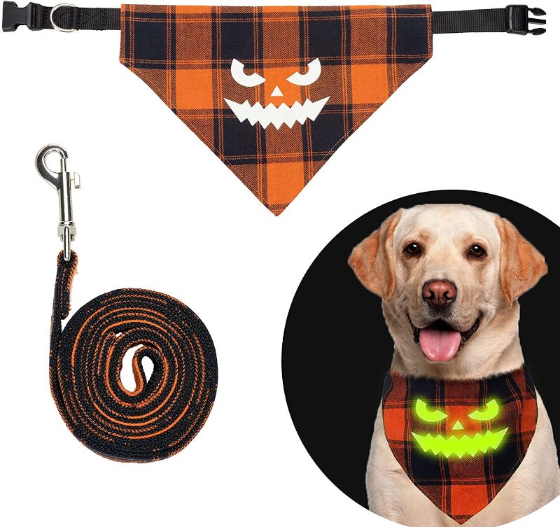 Photo 1 of ( PACK OF 2) Halloween Dog Collar and Leash Set - Plaid Pet Bandana with Glow-in-The-Dark Ghost Print, Adjustable Basic Collars Leash with Handle, Best Party Outfit for Small Medium Large Dogs ---- SIZE NOT SPECIFIED 