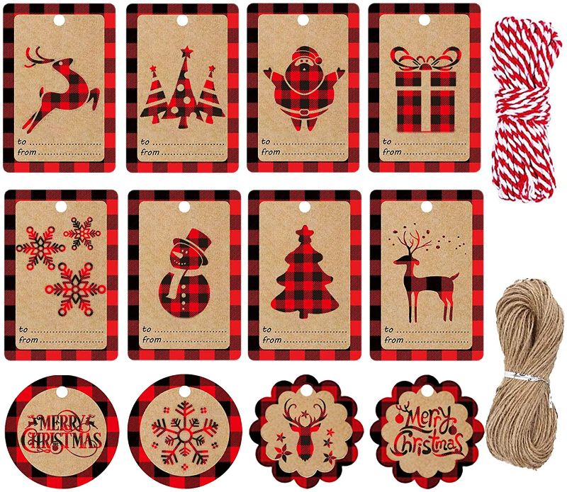 Photo 1 of (2 PACK) JOTFA 120 Pieces Christmas Kraft Paper Tags, Christmas Buffalo Plaid Gift Tags with 115 Feet Cotton String 115 Feet Jute String for Christmas Décor Xmas Tree DIY Present Wrap Decorations
