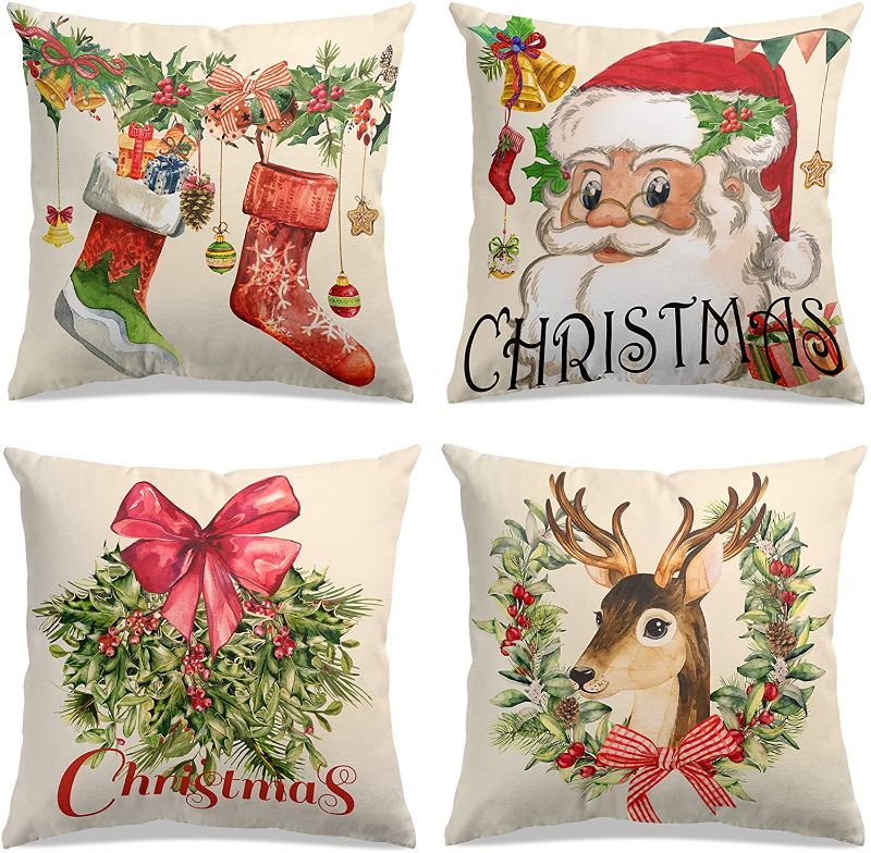 Photo 1 of Christmas Pillow Covers 18x18 Inches, Throw Pillow Covers for Vintage Farmhouse Christmas Decor, Decorative Pillow Covers for Sofa Couch Bed Living Room Xmas Decorations, Set of 4