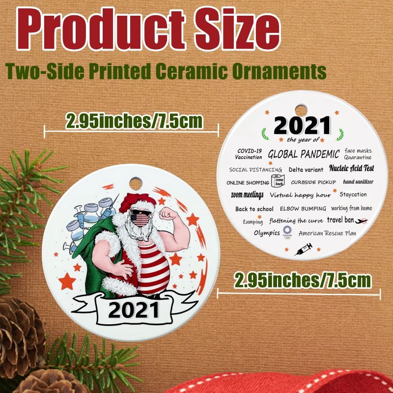 Photo 1 of 2021 Christmas Ornament Christmas Tree Ornaments,Quarantine Ornament,Holiday Decorations Hanging Decor,Two-Side Printed Round Ceramic Crafts Gifts ( PACK OF3 )