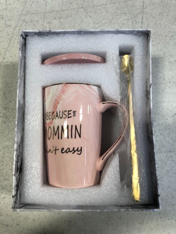 Photo 3 of Because Mommin Aint Easy Coffee Mug Because Mommin Aint Easy Coffee Cup Mom Coffee Mug Gifts Birthday Mothers Day Gifts for Mom from Daughter Son 14 Ounce Pink with Gift Box Spoon Coaster