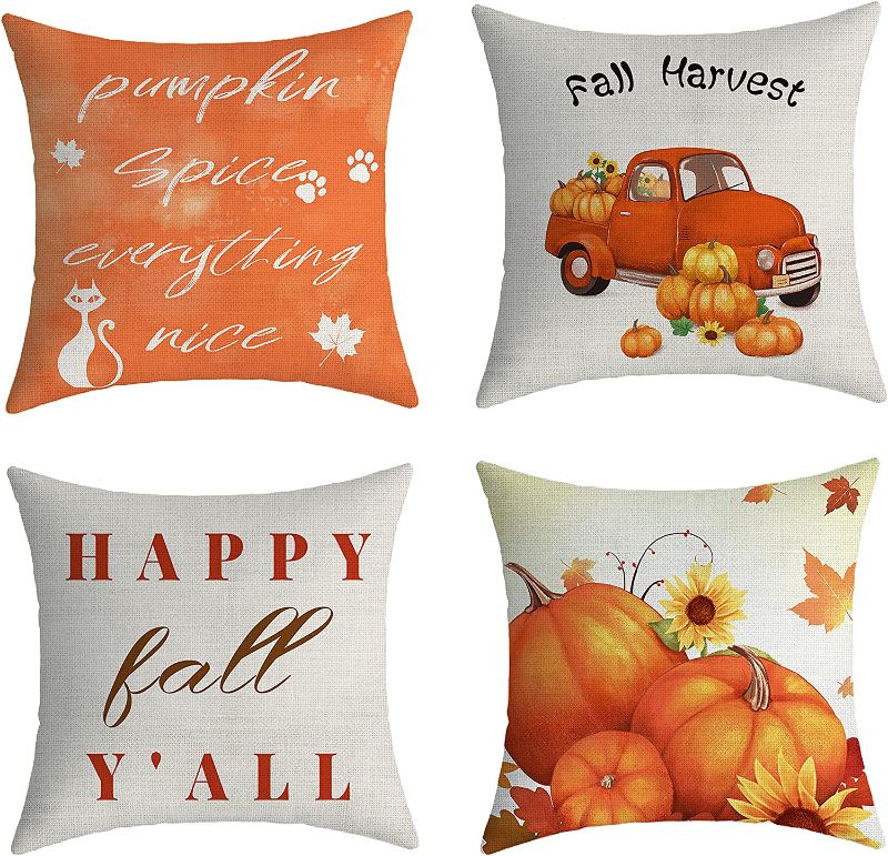 Photo 1 of Yakuyir Fall Throw Pillow Cover 18x18 Inch Set of 4 linens Cotton Autumn Summer Pumpkin Maple Leaf car Truck Sunflower Decorative Pillowcase Farmhouse Accent Outdoor Gifts livingroom Home Sofa Couch (  DOES NOT COME WITH PILLOW ) 
