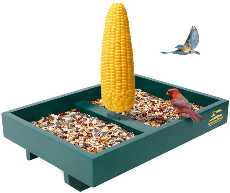 Photo 1 of #B145A00-US Solution4Patio Platform Deck Rail Wooden Bird Feeder W/ Fruit Stake, Tray Squirrel Feeder W/ Corn Holder, Sturdy Mesh Bottom, Large Capacity, Easy to Clean & Fill, Maximum Bird Viewing
