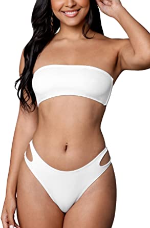 Photo 1 of CUPSHE Women's White Strapless High Cut Cutout Bandeau Bikini Sets ( SIZE MEDIUM ) 