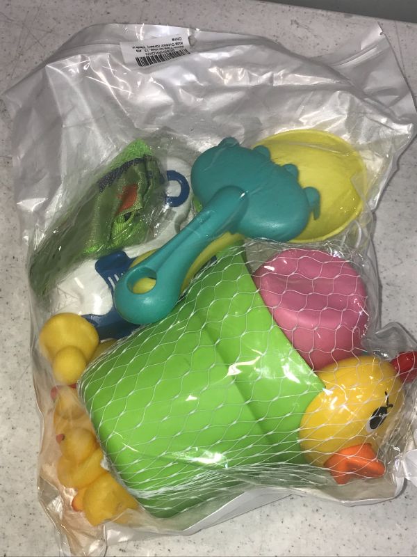 Photo 2 of iSophiNet Children's Beach Toy Set Soft Rubber Beach Bucket Toys Including Blue Shark Spray Gun, Whale Waterwheel, Small Yellow Duck Drinking Bottle, Beach Spoon, Shovel, Watering Can with Net Bag
