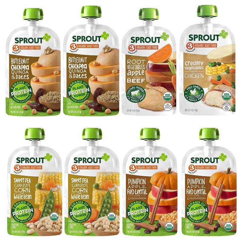 Photo 1 of Sprout Organic Baby Food, Stage 3 Pouches, 8 Flavor Meat & Plant Protein Variety Pack, 4 Oz Purees (Pack of 12), Packaging May Vary
