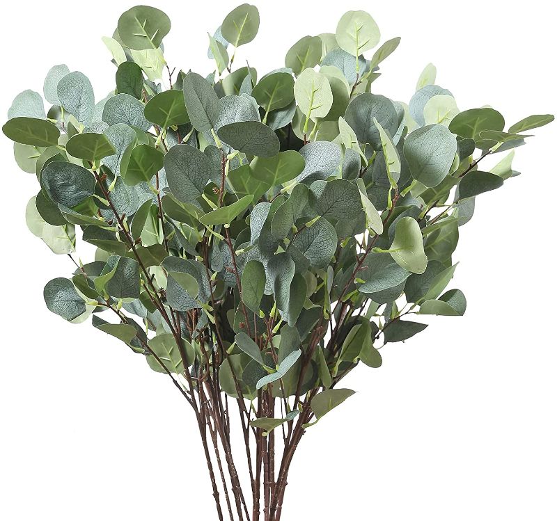 Photo 1 of BINDUO 6Pcs Eucalyptus Stems Fake Leaves Silver Dollar Eucalyptus Faux Plant Decor Real Touch Artificial Plants Greenery Bulk Branches for Home Office Bedroom Kitchen Table Decorations (36.2 Inch)
