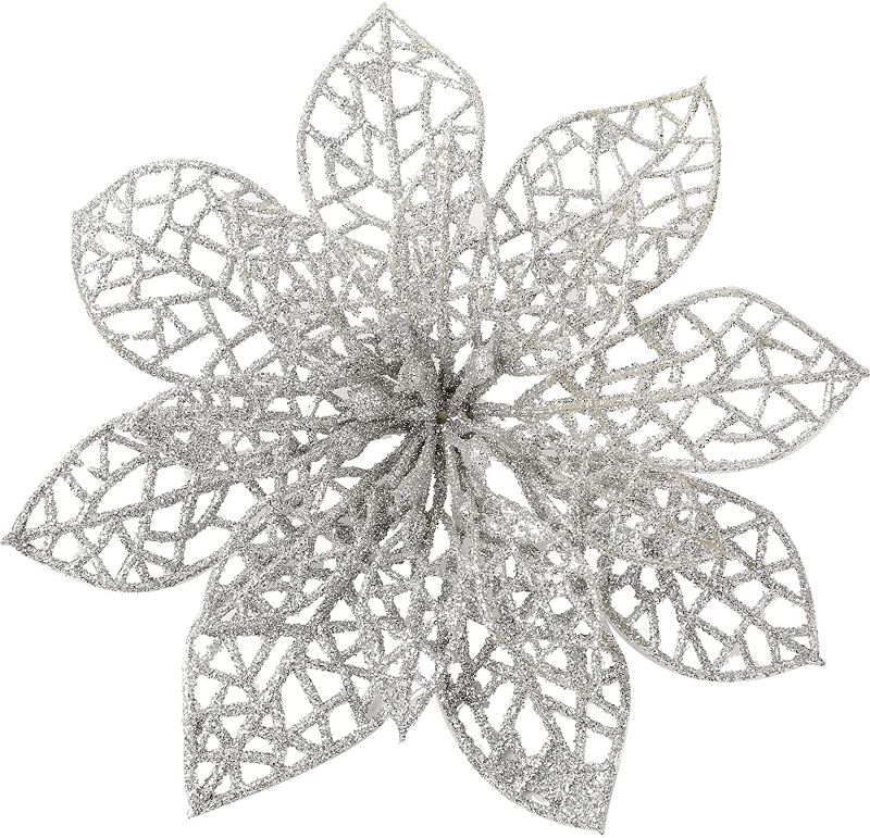 Photo 1 of 20 Pieces Christmas Glitter Poinsettia Flowers, 5.9 inch (15 cm) Artificial Tree Flower for Christmas Tree Ornaments Xmas Picks Wreaths Garland Wedding Holiday Decoration (Silver) 2 pk 
