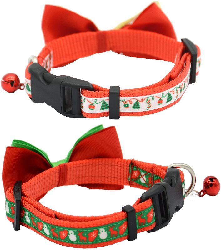 Photo 1 of 2 Pack Christmas Santa Snowman Holiday Xmas Collar for Cats Kitten with Bowtie, Adjustable 8"-14" 7 pk 

