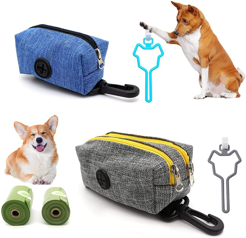 Photo 1 of 2Pcs Double & Single Zipper Dog Poop Bag Holder, Dog Poop Bag Dispenser Leash Attachment with Hook, Pet Waste Bag Dispenser Including 2 Roll of Pick-up Bags for Walking Training Running Hiking (Blue + Grey) 2 pk 
