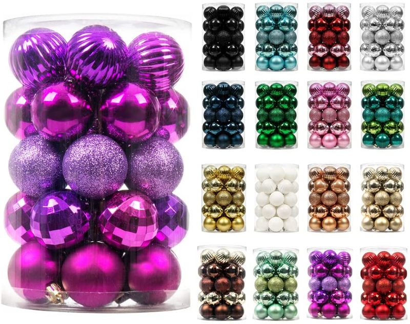 Photo 1 of XmasExp 34ct Christmas Ball Ornaments Shatterproof Christmas Ornaments Set Decorations for Xmas Tree Balls 40mm/1.57” (1.57'', Purple)
