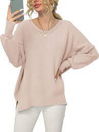 Photo 1 of ANRABESS Women's V Neck Long Sleeve PURPLE Oversized Side Slit Ribbed Knit Pullover Sweater Top
 medium 