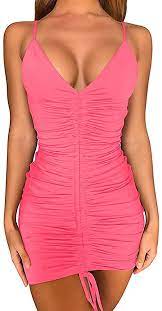 Photo 1 of AOMONI Women's Sexy Adjustable Spaghetti Strap Backless Ruched Bodycon Dress for Club LIGHT PINK LARGE
